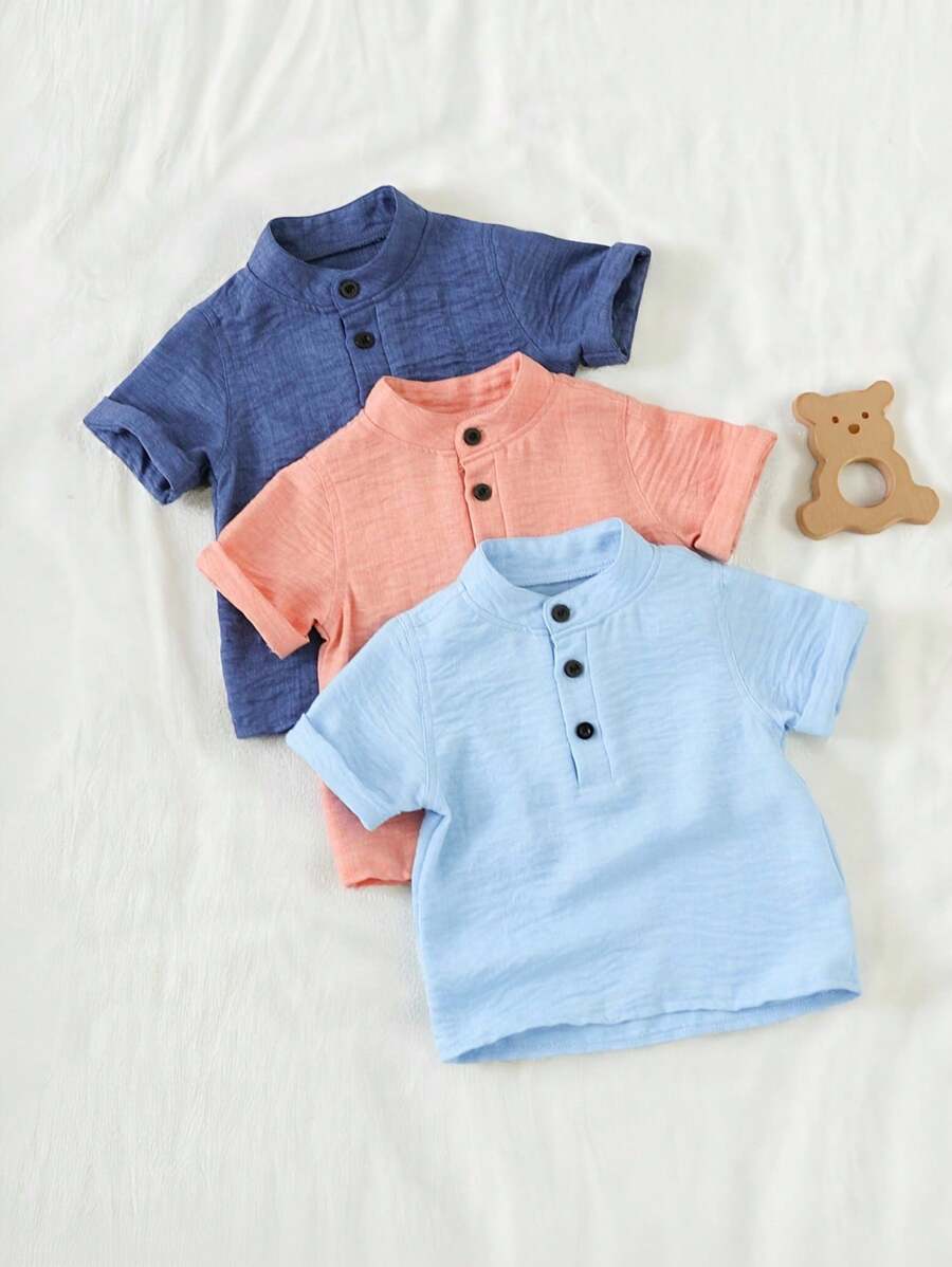 SHEIN Vintaside Kids Bộ 3 áo quần cho bé trai, áo sơ mi cổ đứng cài nút màu xanh, hồng, áo tay ngắn mềm mại, thoải mái, thích hợp mặc hàng ngày, du lịch, mùa xuân hoặc mùa hè, áo sơ mi 6 tháng-3 tuổi - Hồng - Xem 1