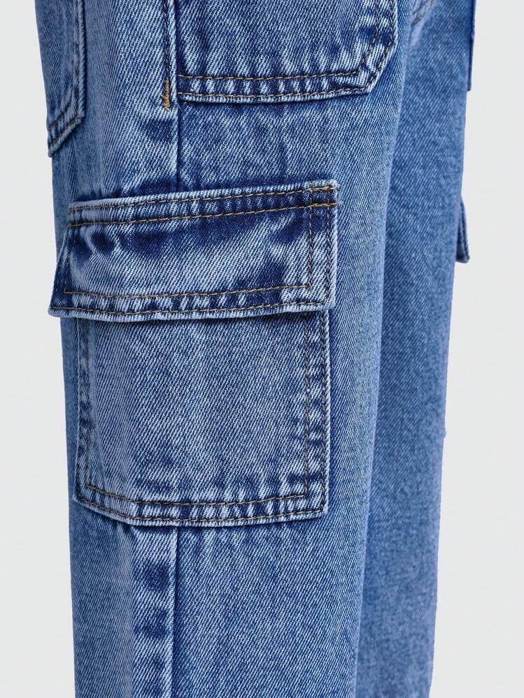 SHEIN Pantalones casuales de algodón con cintura elástica y bolsillo cargo para niños pequeños - Azul lavado oscuro - Añade 5