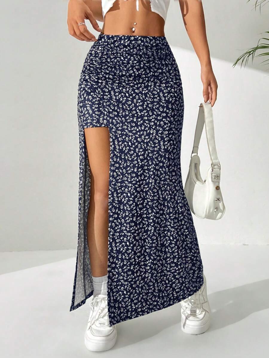 SHEIN EZwear 休闲碎花长开衩半身裙,夏季 - 藏蓝色 - 查看 1