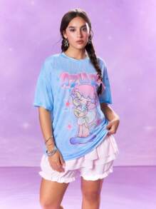 Pop Mart Azura X SHEIN Plus Size Cartoon Anime Pattern Blue Round Neck Short Sleeve T-Shirt, Fall School Y2k Top, Street Wear Vintage Graphic Tees