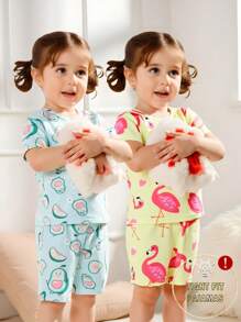 School Girl 2pcs/Set Allover Print Shorts & Snug Fit Short Sleeve Sleepwear, Casual - Multicolor - View 3