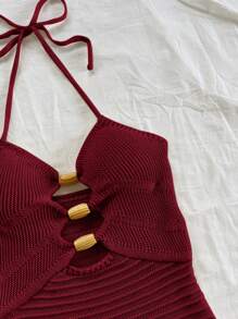 Soleia Vestido de punto de tirantes con cuentas de madera huecas decorado, conjunto sexy de vacaciones de verano para fiesta, cita, playa, crucero, vacaciones, festival de música, estilo bohemio