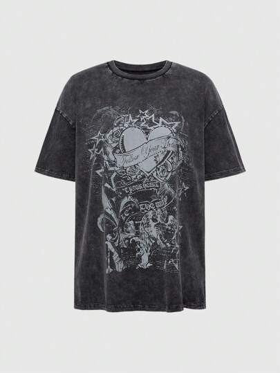 Grunge Punk Y2K Vintage Washed Fuzzy Fabric Oversized Women T-Shirt With Retro Heart & Vine Print