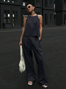 DAZY Women's Summer Striped Spaghetti Strap Top And Pants 2 Pieces Set - Navy Blue - View 2