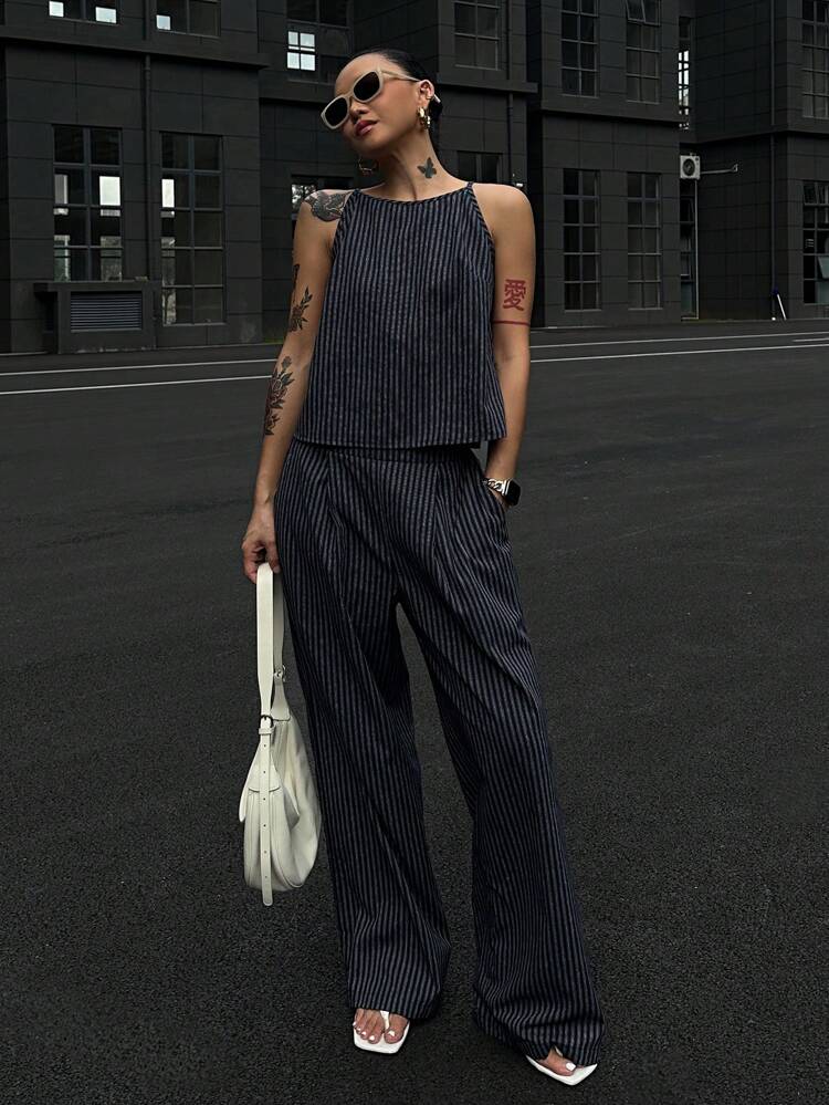 Women's Summer Striped Spaghetti Strap Top And Pants 2 Pieces Set