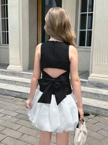 SHEIN 青少年女孩休闲纯黑色露背蝴蝶结短款无袖衬衫 - 黑色 - 查看 5