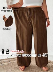 SHEIN CURVE+ Quần ống rộng thời trang công sở đi làm thanh lịch, quần túi, trang phục đi nghỉ mát bãi biển mùa hè/đồng quê/bãi biển/bãi biển, trang phục công sở nữ, quần ống rộng cho giáo viên quần ống rộng boho cỡ lớn quần ống rộng quần ống rộng quần đi biển cỡ lớn quần ống rộng - màu nâu - Xem 4