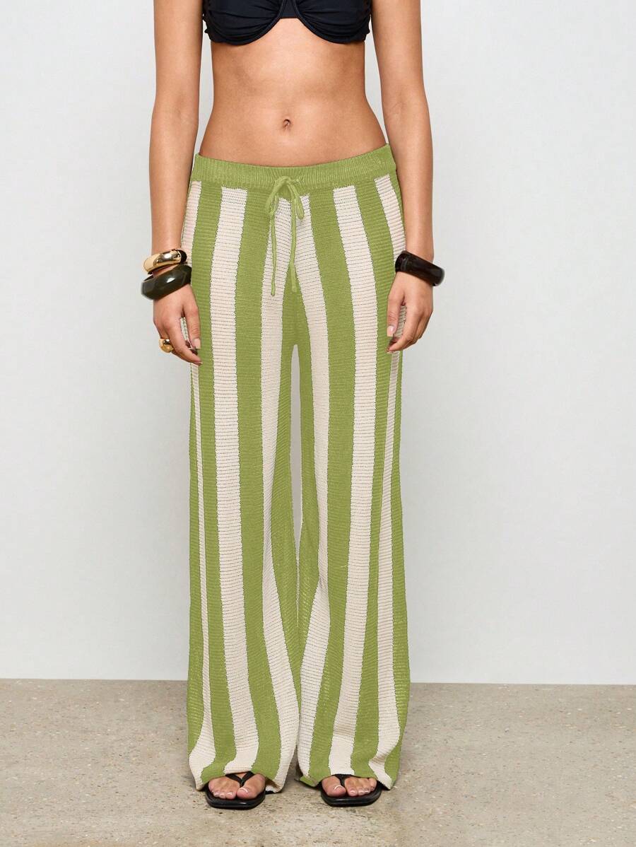 AiiRZ 阔腿阔腿沙滩裤度假村泳池休闲装夏季抽绳长裤假日波西米亚风邮轮节 - 橄欖綠 - 查看 1