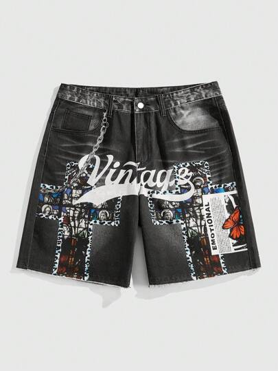 Street Life Men's Street Letter Graphic Printed Denim Shorts