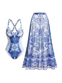 Swim Oasis 佩斯利宫廷印花优雅高端奢华两件套女式套裙