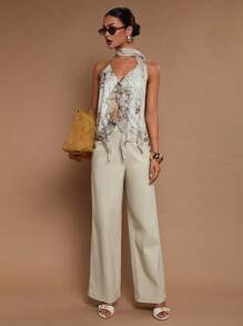 COSMINA Women's Solid Color Side Slit Elegant Office Wide Leg Pants - Beige - View 6