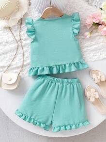 Young Girl Mint Blue Simple Cute & Elegant Round Neck Cap Sleeve Top And Shorts Set - Mint Blue - View 2