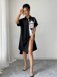 SHEIN Unity 肖像印花前扣休闲夏季短袖连衣裙 - 彩色 - 查看 5