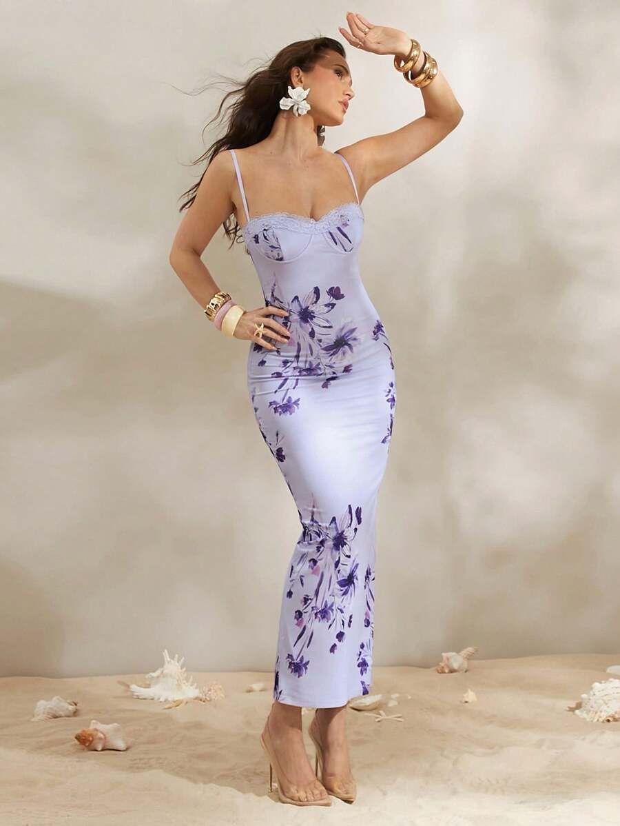 Silquee Vestido slim fit con estampado floral y aplicaciones de encaje