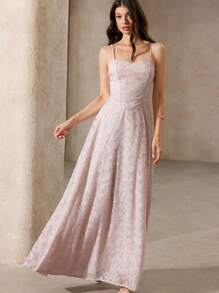 Revavyn Women's Romantic Elegant Simple Jacquard Solid Color Sleeveless Maxi Dress - Pink - View 4