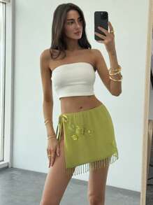 Aloruh 全新复古性感提花印花沙滩罩衫比基尼搭配绿色迷你裙，度假风格 - 綠色 - 查看 4