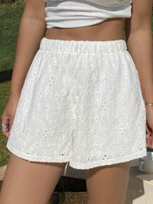 Livesso Women's Lace Jacquard Drawstring Waist Loose Casual Shorts - White - View 4