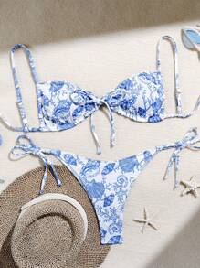 2pcs Set Starfish Print Ribbed Fabric Tie Front Bikini Swimsuit For Spring/Summer - Multicolor - View 1