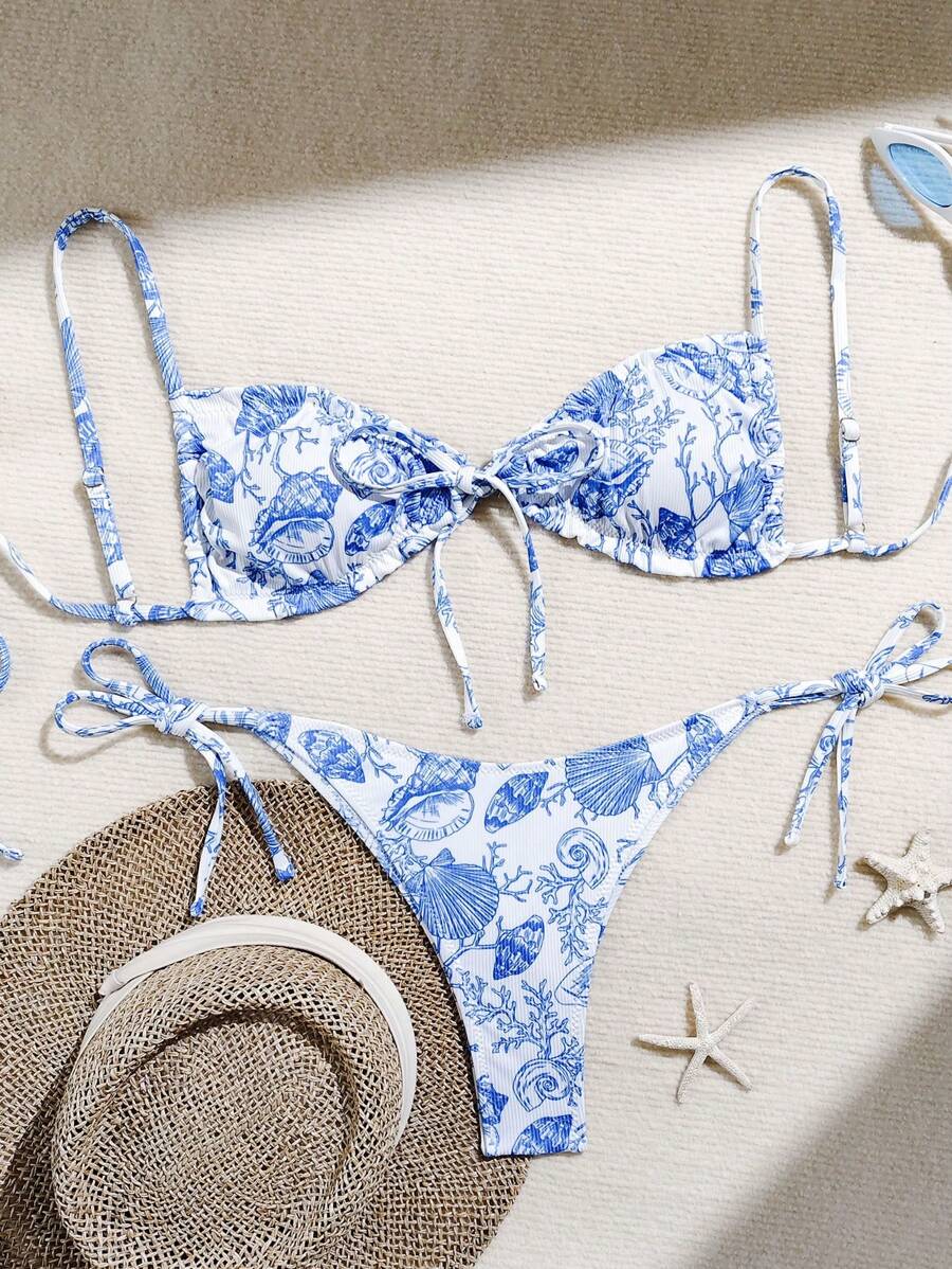 2pcs Set Starfish Print Ribbed Fabric Tie Front Bikini Swimsuit For Spring/Summer - Multicolor - View 1