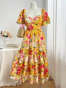 Flirla Robe d'été à encolure carrée, taille empire, volants aux manches et ourlet à volants, imprimé floral tropical, pour femmes en grandes tailles - Multicolore - Voir 6