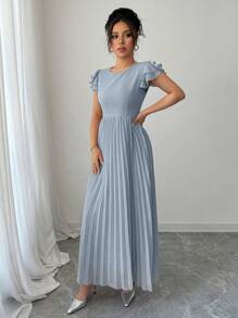 Modelyn 女式喇叭泡泡袖褶皱连衣裙 - 灰藍色 - 查看 5