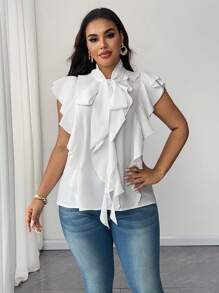 SHEIN Unity Plus Size Women Solid Color Ruffle Trim Double Layer Cap Sleeve Elegant Minimalist Commuter Shirt - White - View 3