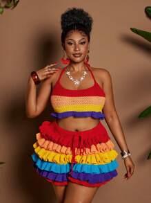 Bộ đồ bơi 2 mảnh gợi cảm họa tiết ruy băng trơn màu cỡ lớn dành cho nữ phong cách bãi biển mùa hè Boho - Nhiều màu - Xem 3