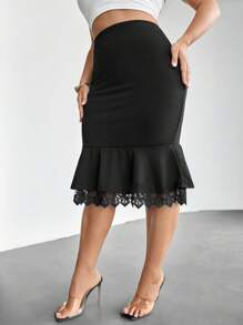 SHEIN Privé Plus Embroidery Mesh Trim Mermaid Skirt - Black - View 8