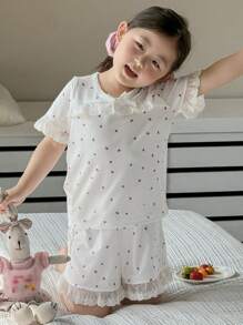 DAZY Kleine Mädchen Erdbeer Allover-Muster Spitzensaum Pyjama-Sets, modische Homewear, Sommer - Weiss - Übersicht 4
