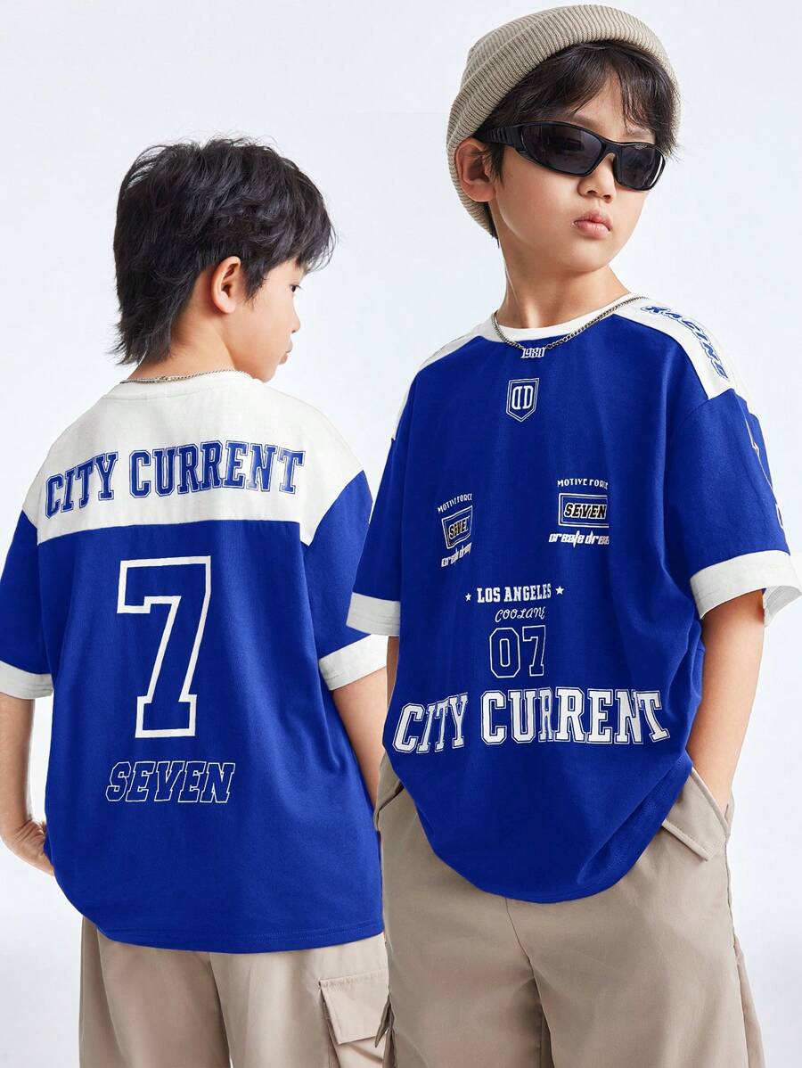 Coolane Kids Tween Boys 春夏圆领短袖字母印花休闲棕色T恤亲子服装
