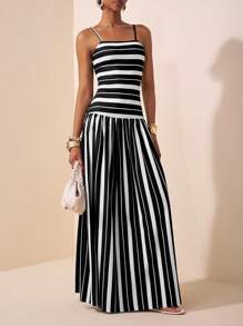 Zivah 2025年夏季新品音乐节、复活节、圣帕特里克节、西部风、游牧风、生日派对、毕业典礼、学院风、学生装、日常休闲、基础百搭、休闲、邮轮、海滩、日光浴、网红、街头风背心黑白条纹拼接A字长裙 - 黑與白 - 查看 6