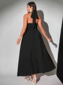 Viva Relle 大码女式优雅纯色露背蝴蝶结荷叶边下摆海滩节日生日派对俱乐部音乐节连衣裙，春夏 - 黑色 - 查看 2