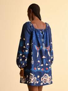 CAJUNI Vestido corto informal de manga farol de manga larga y línea A con estampado retro de pájaros tropicales y plantas en azul marino para mujeres