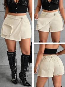 SHEIN ICON Quần short denim chữ A rộng rãi bất đối xứng cạp cao - Màu be - Xem 1