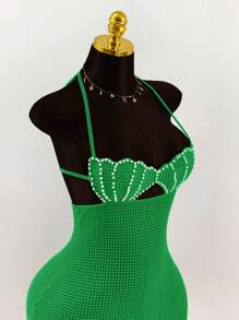 Amplova Pearl Shell Decor Backless Halter Neck Bandage Bodycon Tight Mini Dress - Green - View 4