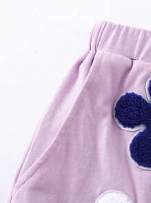 青少年女孩休闲纯色针织圆领花卉 3D T 恤和短裤两件套，返校季