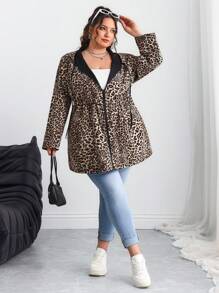 SHEIN CURVE+ Chaqueta con capucha reversible de estampado de leopardo para mujer de tallas grandes, atuendos de otoño/verano, vacaciones en el campo/playa, ropa de playa