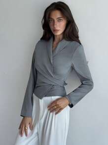 Aloruh 1pc Elegant Commuter Bowknot Cinched Waist V-Neck Minimalist Gray Long Sleeve Blazer, Versatile In Fall/Winter