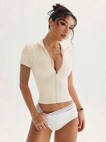 Easithlete 女士修身瑜伽健身运动休闲轻便立领拉链夹克 - 杏色 - 查看 6