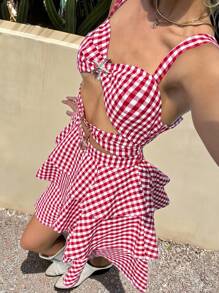 SHEIN EZwear Beach Vacation Outfits Holiday Outfits  Red Plaid Woven Hollow Out Design Slip Dress For Women - Red - View 3