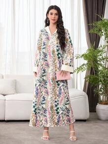 SHEIN Najma 优雅奢华花卉印花长袖宽松阿拉伯风格女式连衣裙 - 彩色 - 查看 6
