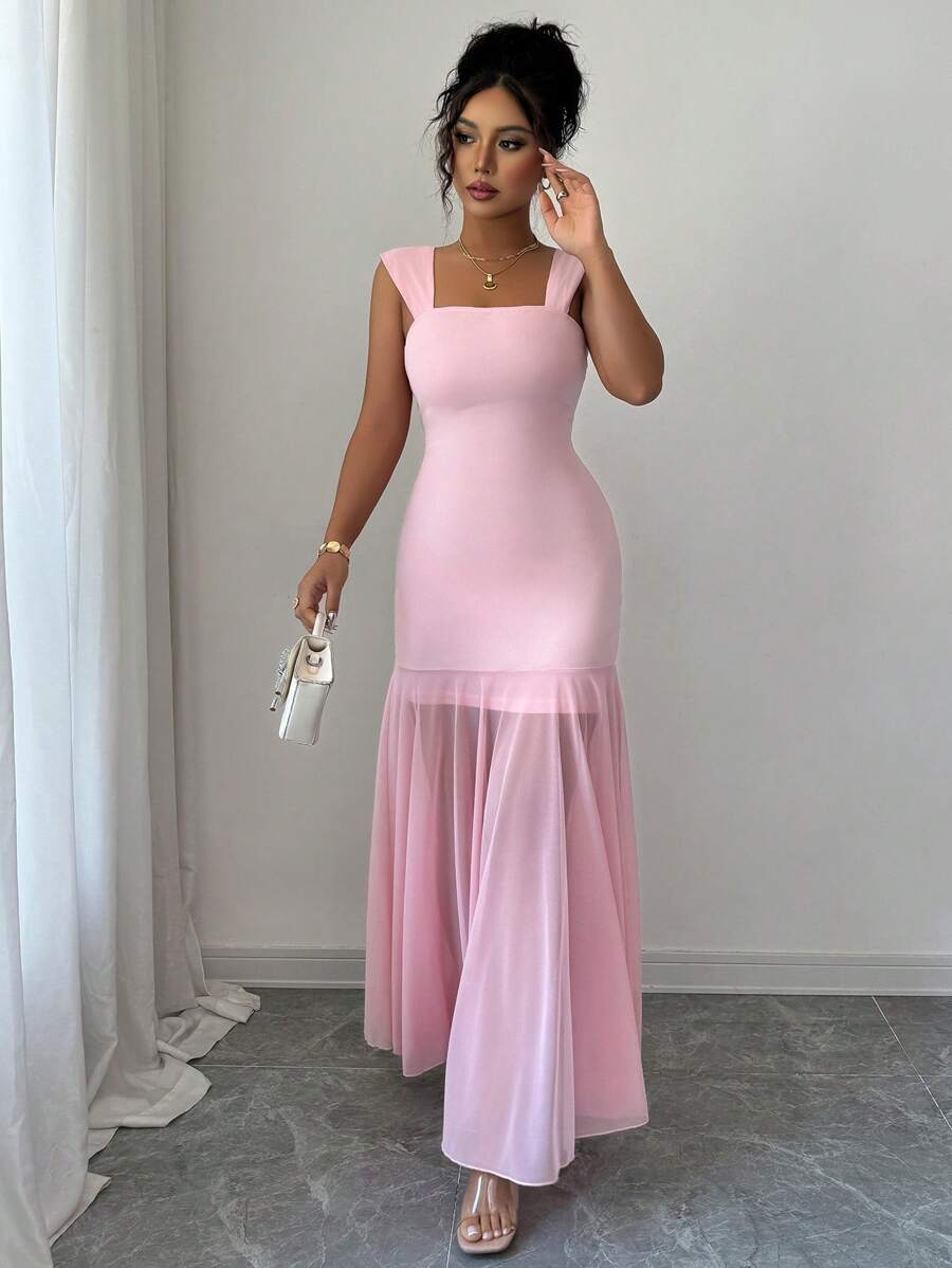 Elenzga Robe longue élégante femme pratique et décontractée, charmante pour les vacances, la remise des diplômes, les festivals de musique. Robe femme douce à fines bretelles, avec ceinture à la taille, jupe évasée et empiècements en maille, couleur unie - Rose pâle - Voir 1