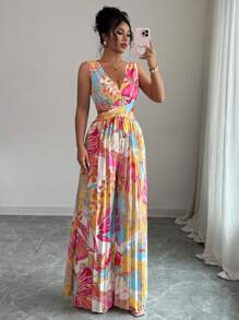 Elenzga Women's Floral Print Cinched Waist Jumpsuit With Pleating, Elegant For Vacation And Everyday Commuting - Multicolor - View 4