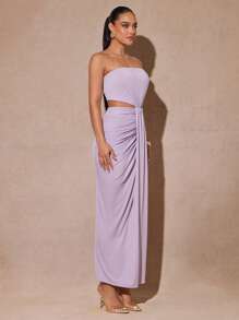 Silquee 女式纯色露肩镂空腰部褶皱侧开衩连衣裙 - 紫色 - 查看 6