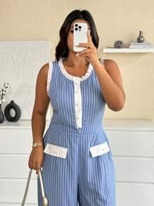 SHEIN LUNE Eleganter Jumpsuit in Große Größen mit Streifenmuster, Rüschentrimm und Knopfdetails an der Taille, ärmellos, weites Bein, Frühling/Sommer Damenmode - Blau - Übersicht 5