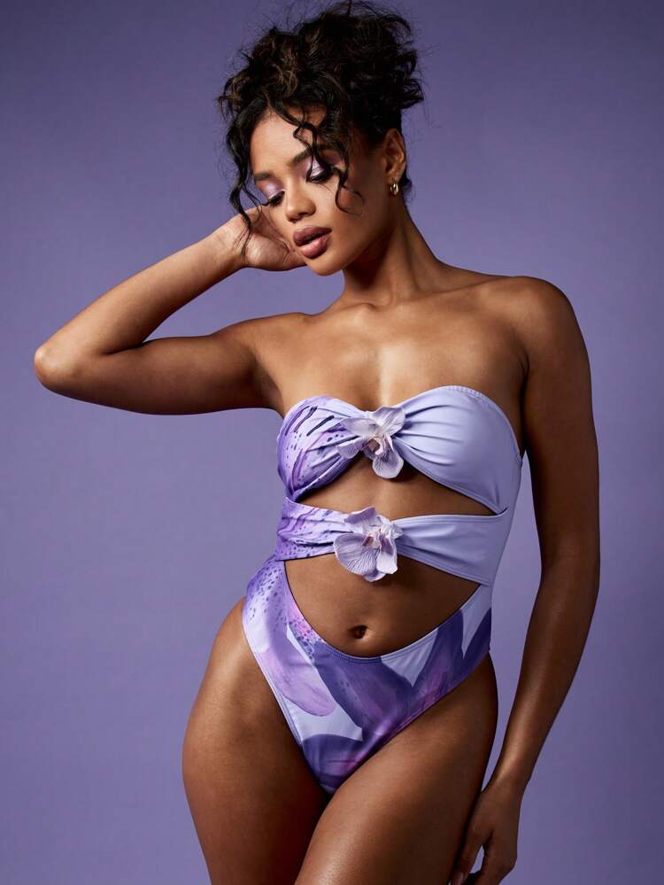 MISSGUIDED Floral Print Cut Out One Piece Monokini Swimsuit Orchid Flower Decoration Beach Pool Party Resort Wear Swimwear High Cut Leg