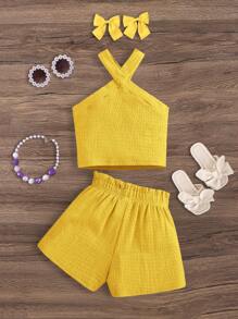 Emery Rose Kids Emery Rose Kids 2pcs/Set Young Girl Knitted Solid Sleeveless Top And Shorts Set - Yellow - View 2