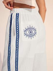 SHEIN Tall Women's Casual Eyes Embroidered Lace Panel Wide Leg Loose Pants