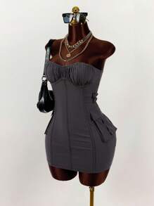 Amplova Women's Solid Color Pleated Cargo Pocket Bandeau Mini Dress,Boho Clothes Women - Dark Grey - View 8