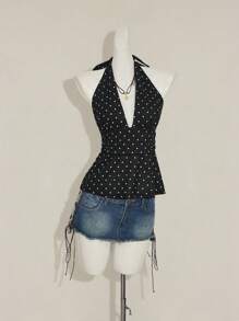 SHEIN ICON Women Casual Minimalist Halter Deep V-Neck Polka Dot Top Wrap Back Blouse